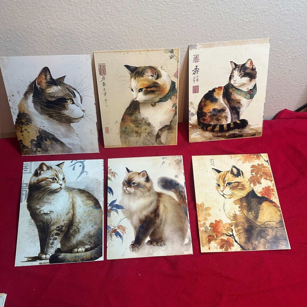 19pc Japanese Style Watercolor Cat Art Postcards Set CC-2028 Calico Tabby Art